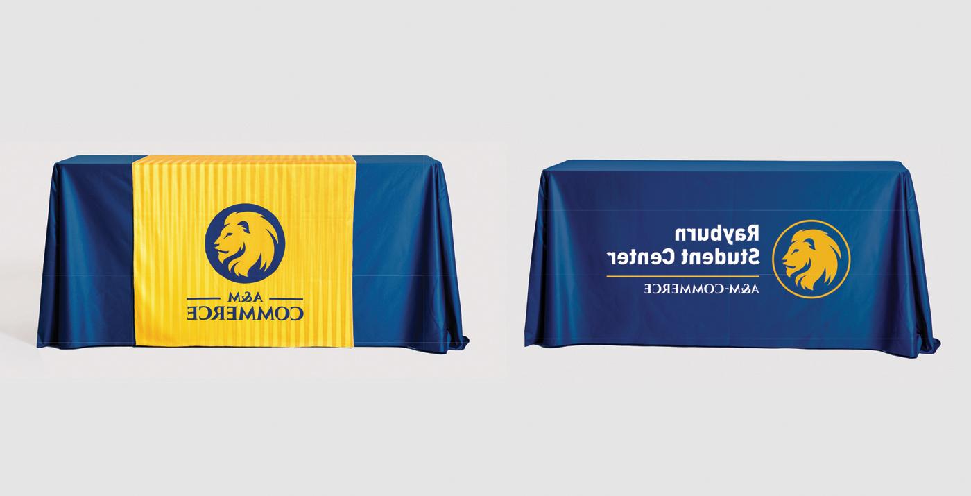 Table covers with A&M-Commerce logos.