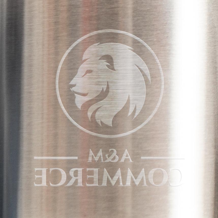 Virtual example of vertical logo on metal surface.